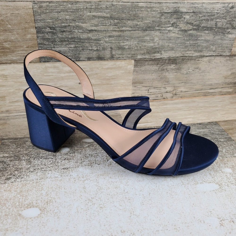Nina Nanda Womens Sandal Sz 10 M Navy Sheer Mesh Asymmetrical Strap Block Heel